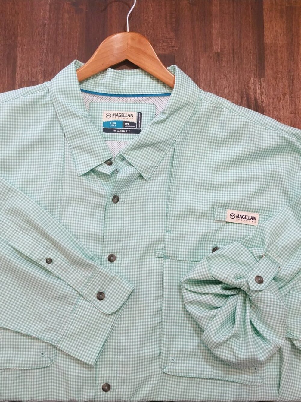 Magellan Fish Gear Shirt Mens 4XL Green Gingham Long Sleeve Roll Tab Vented